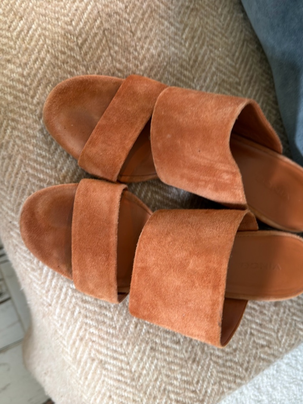 Vince Double-Band Suede Block Heel Slide Sandals - Burnt Orange